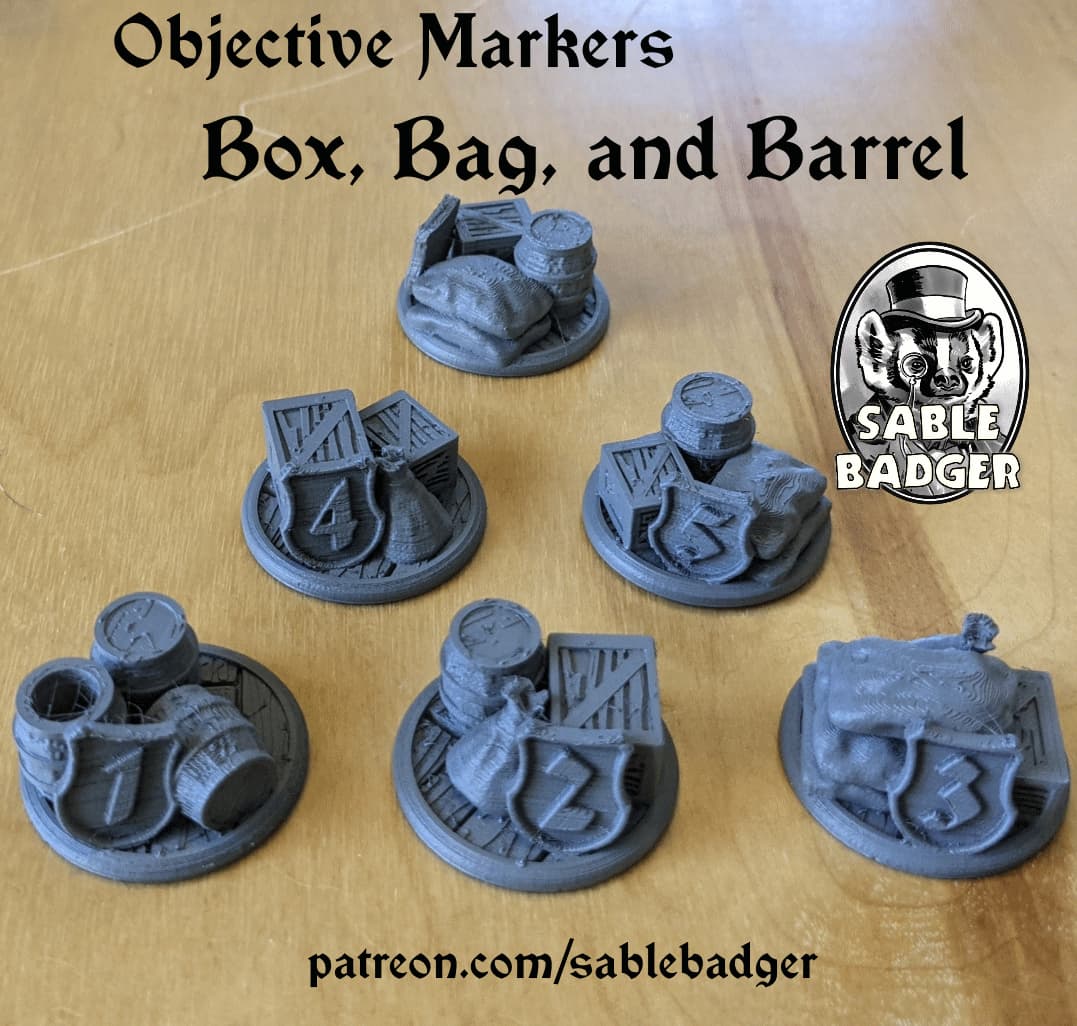 Objective Markers - Box, Bag and Barrel for Fantasy games.